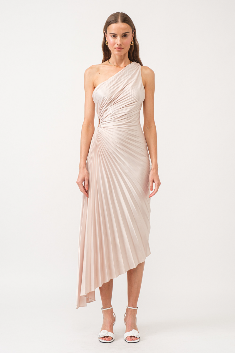 Beige Mykonos Asymmetrical Satin Dress Maxi Dress