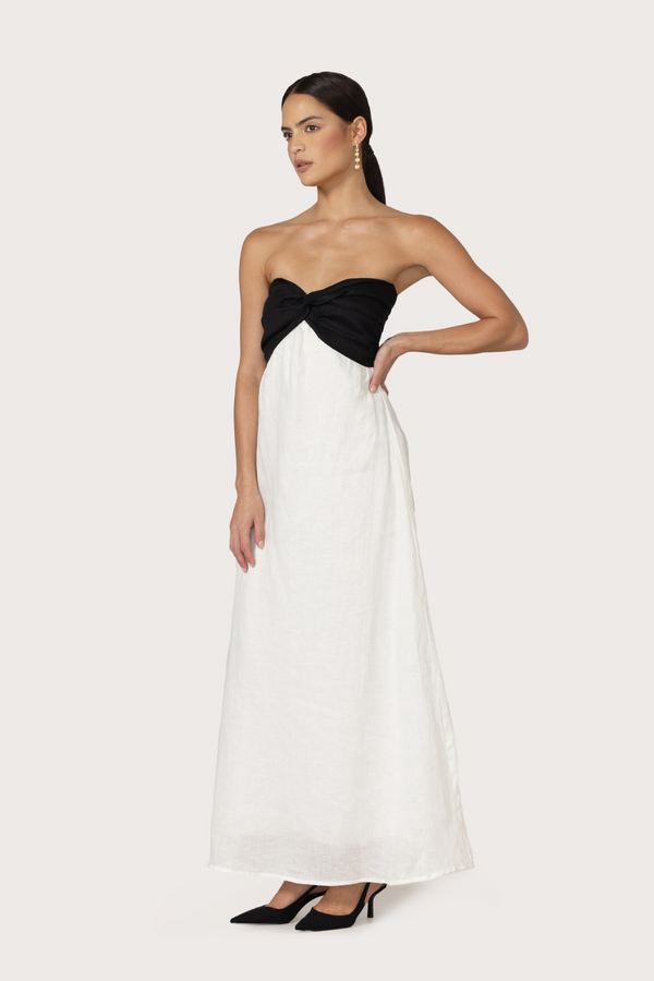 Melody Linen Maxi Dress in White/Black