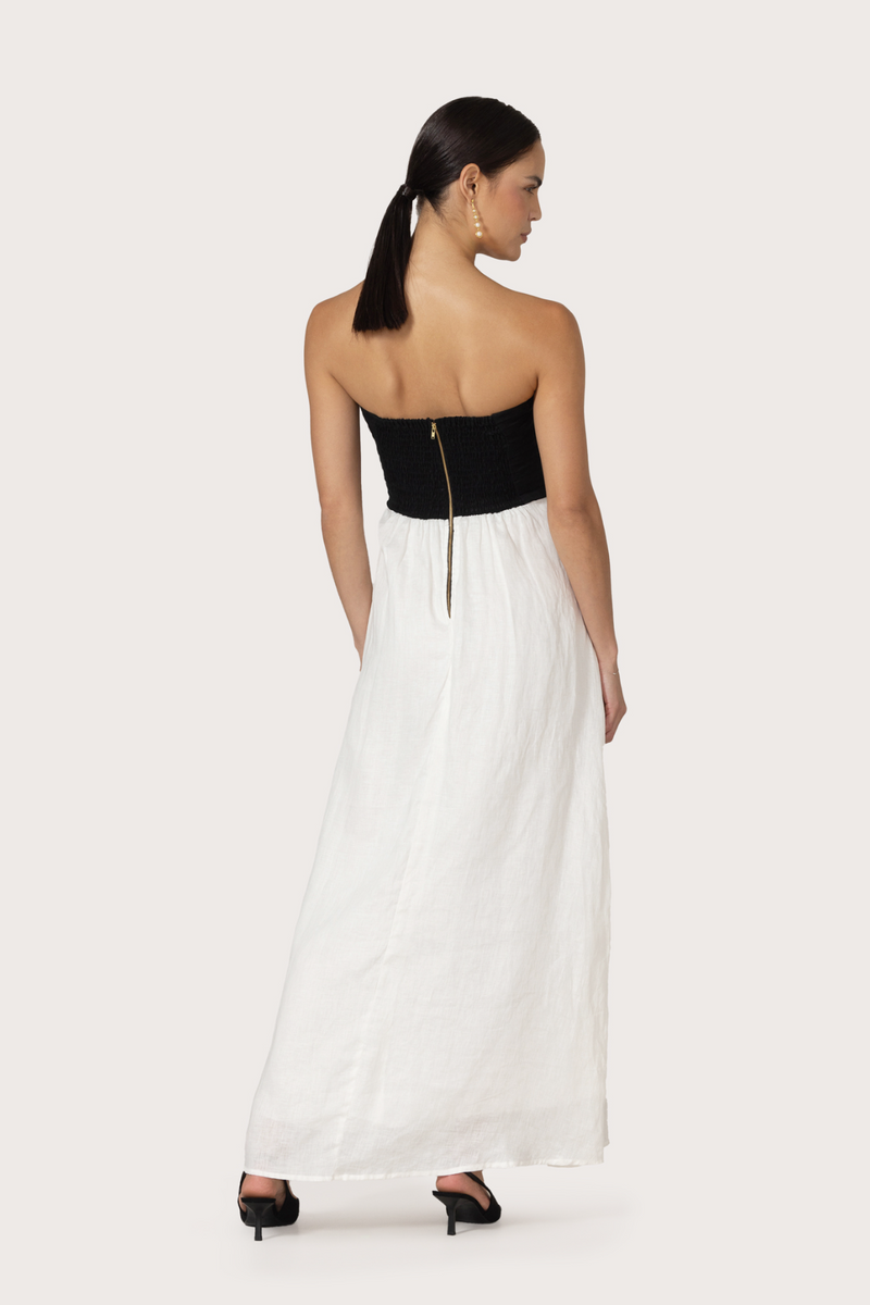 Melody Linen Maxi Dress in White/Black