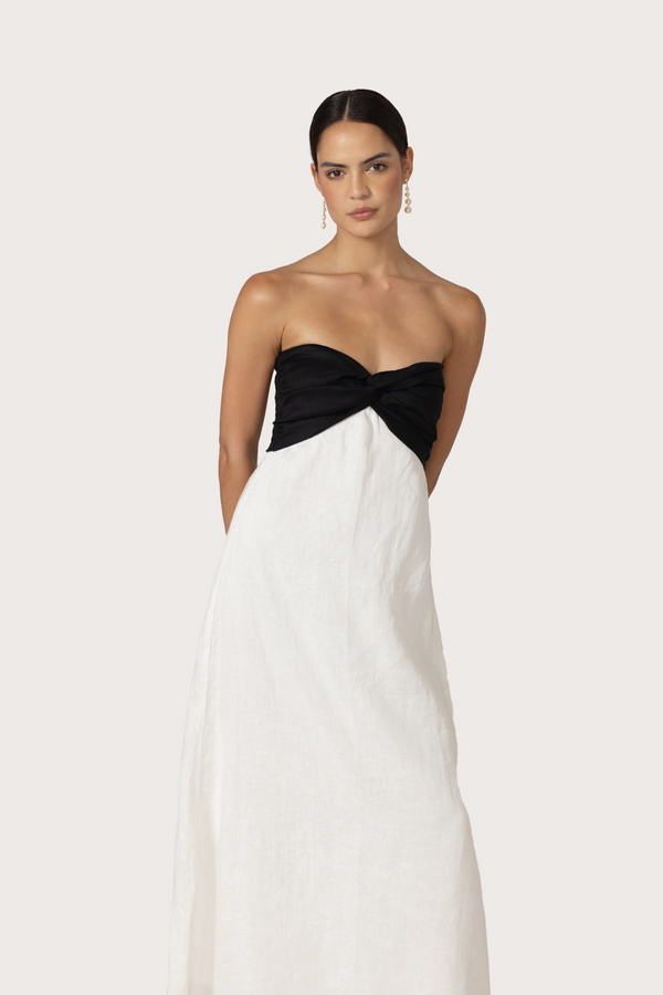 Melody Linen Maxi Dress in White/Black