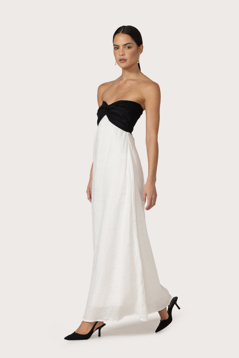 Melody Linen Maxi Dress in White/Black
