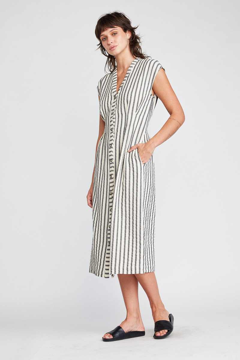 Light Gray Jamila Button Front Midi Dress in Black Stripes Midi Dress