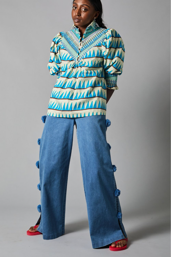 Dark Gray Pom Pom Trouser in Medium Wash trousers