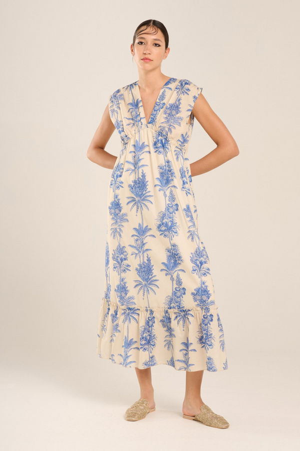 V Neck Palm Maxi Dress