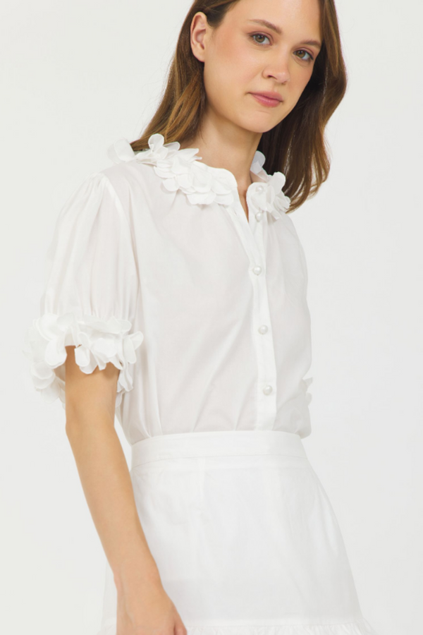 Antique White 3D Flower Button Down Shirt Top