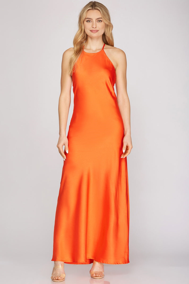 Light Gray Heidi Halter Satin Maxi Maxi Dress
