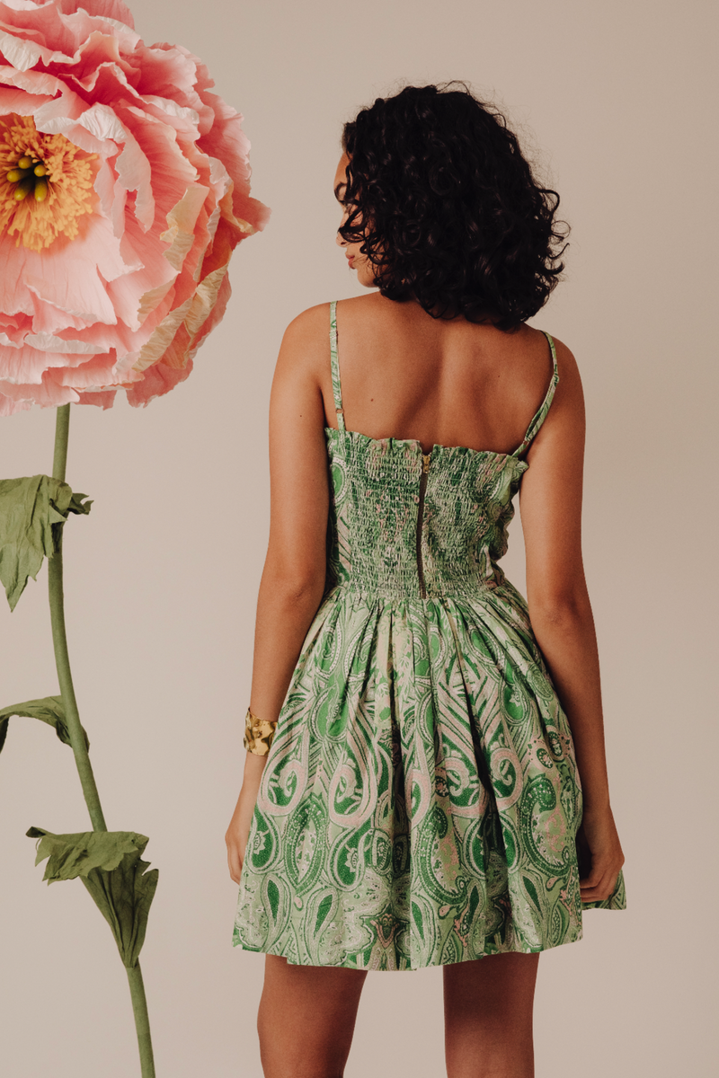 Tan Karina Dress in Mason Paisley Green Mini Dress