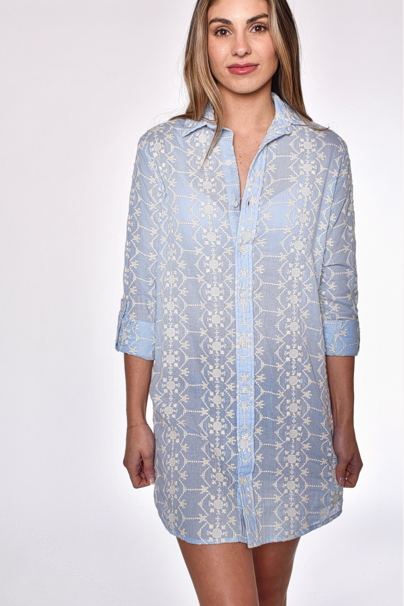 Light Gray Embroidery Cotton Girlfriend Dress in Cream/Blue Dress