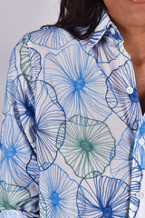 Gray Embroidery Cotton Girlfriend Dress in Blue/Green Flowers Dress