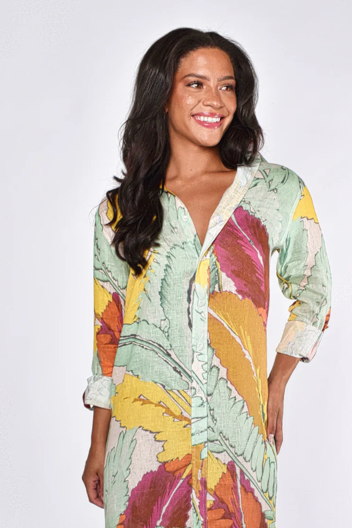 Linen Girlfriend Midi Dress in Yellow/Green Leaf Two Cumberland Linen Girlfriend Midi Dress in Yellow/Green Leaf Two Cumberland