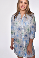 Light Gray Embroidery Cotton Girlfriend Dress in Blue/Green Flowers Dress