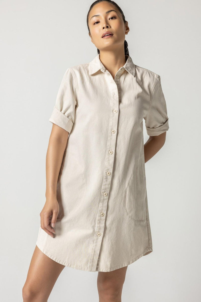 Light Gray Cuff Sleeve Shirt Dress Mini Dress