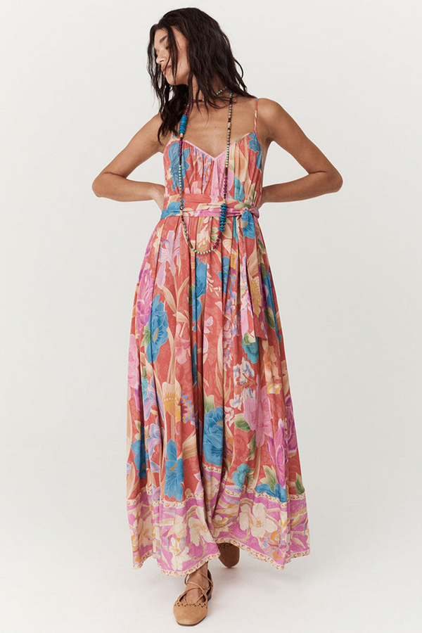 Light Gray Painters Garden Strappy Maxi Dress in Crimson Maxi Dress
