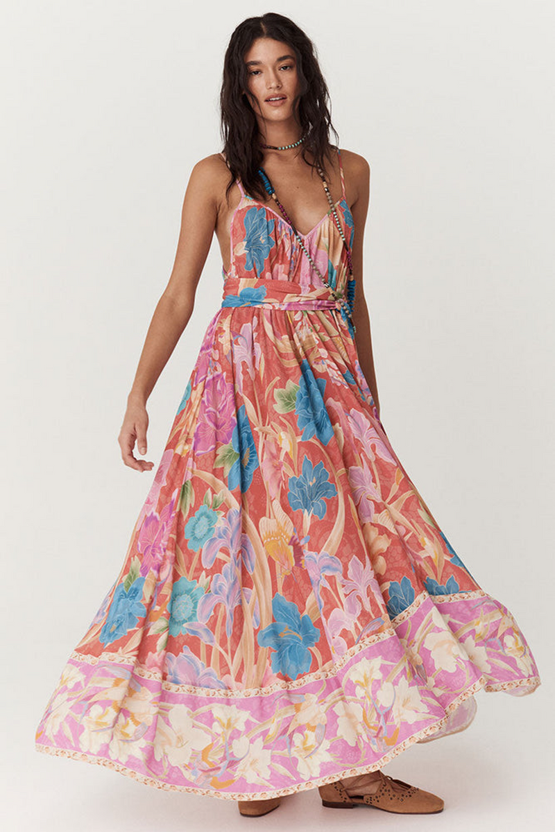 Light Gray Painters Garden Strappy Maxi Dress in Crimson Maxi Dress