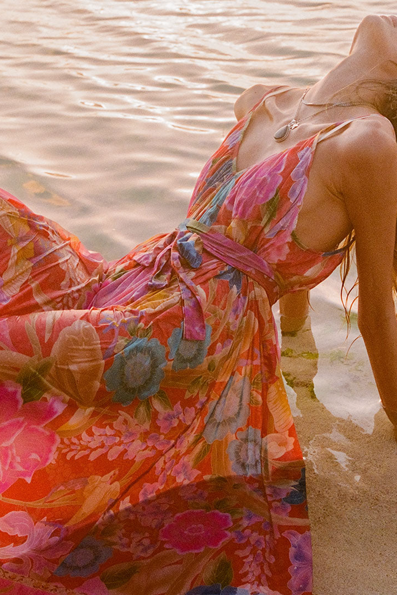Sienna Painters Garden Strappy Maxi Dress in Crimson Maxi Dress