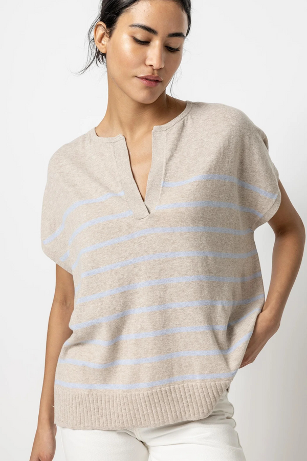 Light Gray Striped Split Neck Tunic Sweater Sweater