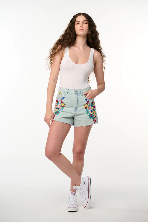 White Smoke The Reeve High Rise Denim Embroidered Short | Picnic Date Denim Shorts