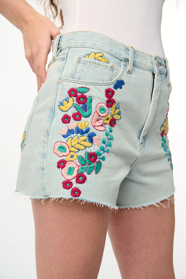 Light Gray The Reeve High Rise Denim Embroidered Short | Picnic Date Denim Shorts