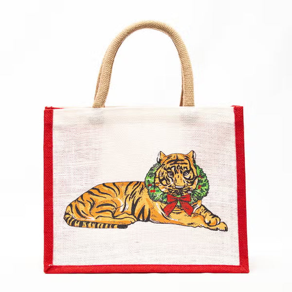Beige Christmas Wreath Tiger Gift Tote tote bag