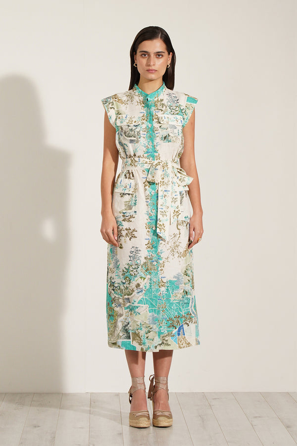 Nexis Pocket Midi Dress in Teal Globe