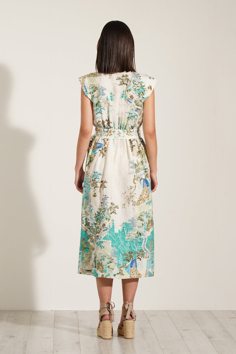 Nexis Pocket Midi Dress in Teal Globe