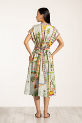 Antique White Val Belted Dress in Multi Color Midi Dress