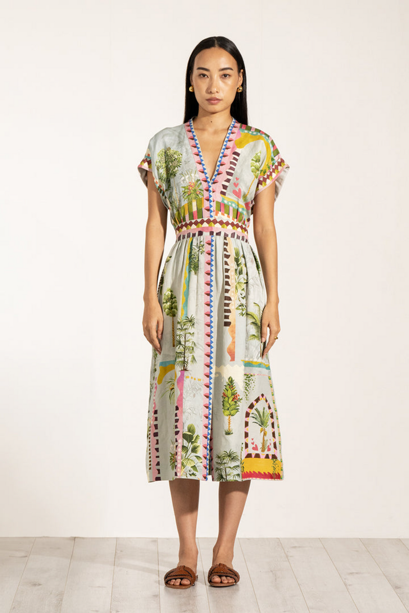 Antique White Val Belted Dress in Multi Color Midi Dress
