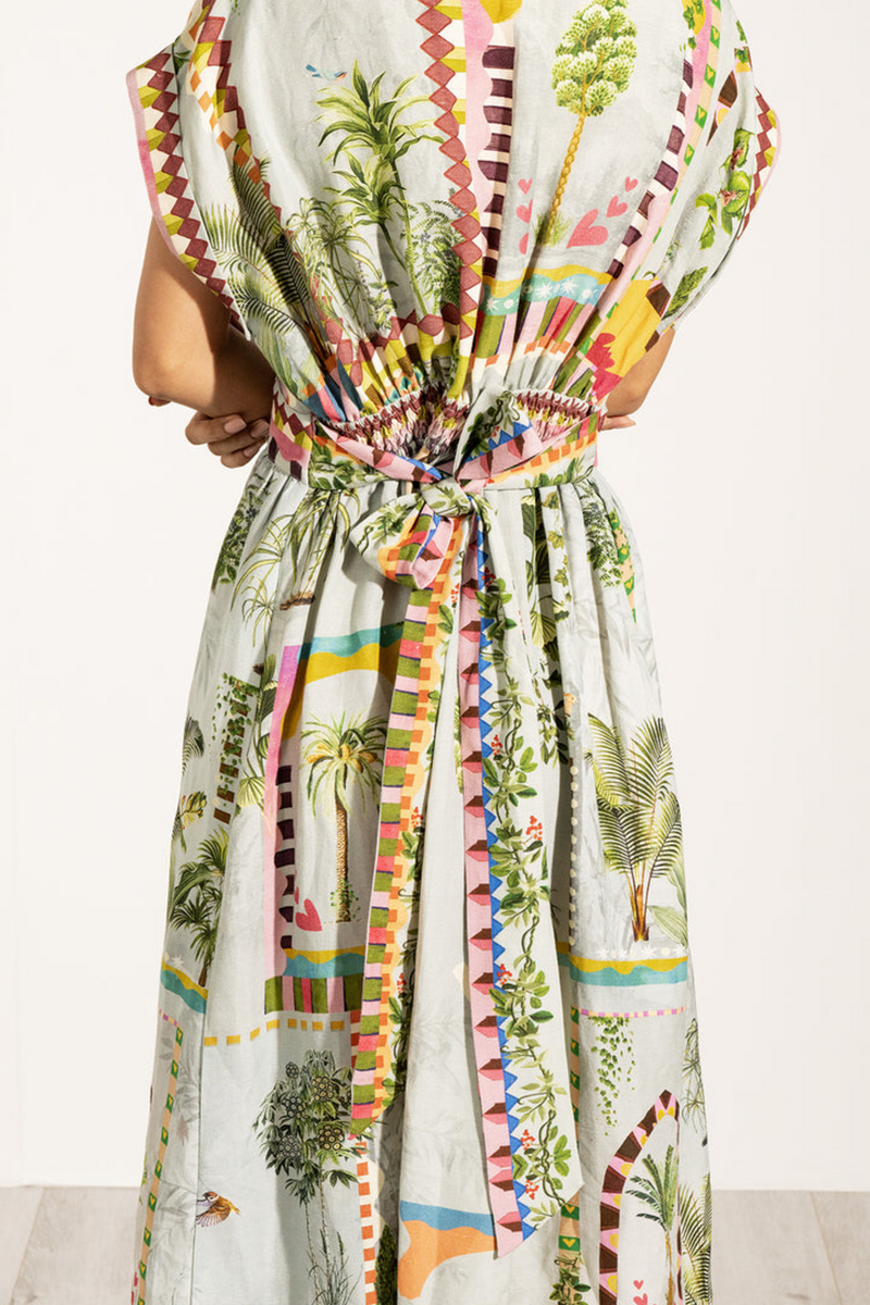 Antique White Val Belted Dress in Multi Color Midi Dress