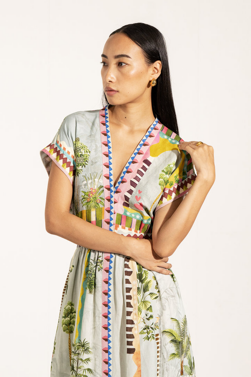 Antique White Val Belted Dress in Multi Color Midi Dress