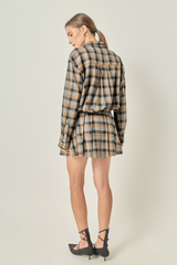 Light Gray Plaid Pleated Mini Skort in Camel/Grey Mini Skort