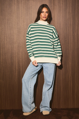 Dark Slate Gray Callie Striped Mock Sweater in Cream/Green Sweater