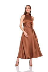 White Smoke Satin Mock Neck With Long Tie Dress 42" Maxi Dress