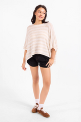 White Smoke Billie Striped Brushed Dolman Top in Cream Taupe Top