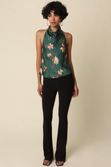 Gray Vera Floral Halter Satin Top Top