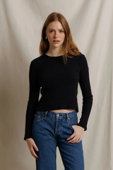 Black Flora Sweater Rib Crew Neck Long Sleeve Top