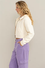 Gray Set On You Sherpa Cropped Zip Up Hoodie Jacket