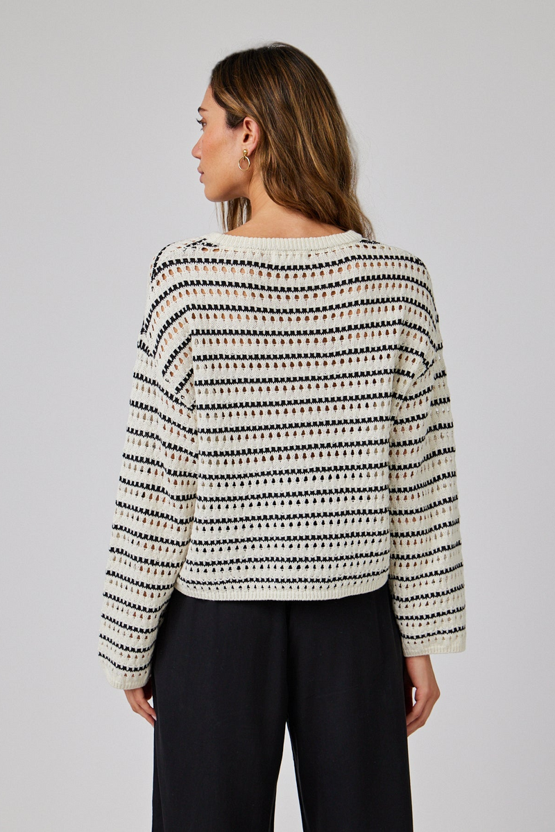 Light Gray Crew Neck Sweater in Ivory/Black Stripe Sweater