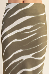 Dark Olive Green Wild World Zebra Print Midi Skirt Midi Skirt