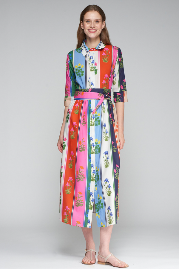 Light Gray Brenda Dress in Colorful Stripe Midi Dress