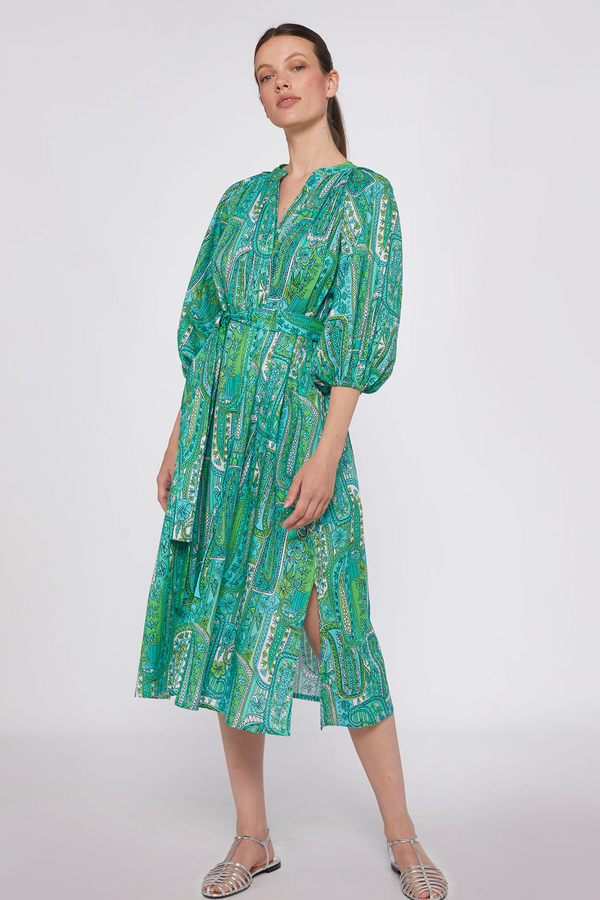 Light Gray Claudette Dress - Green Paisley Midi Dress