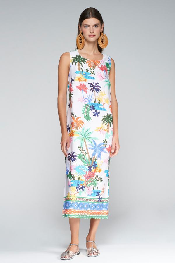 Light Gray Liana Dress in Colorful Palms Midi Dress