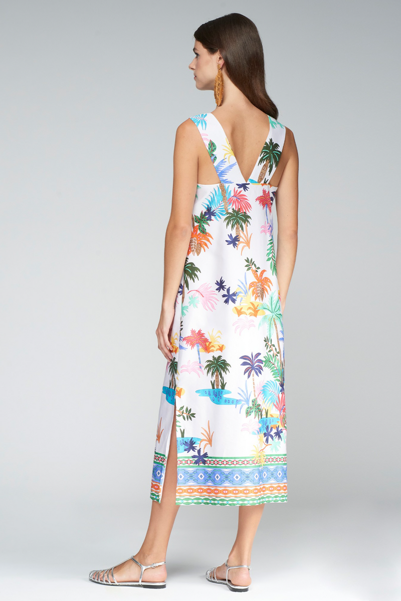 Light Gray Liana Dress in Colorful Palms Midi Dress