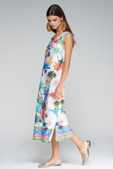 Light Gray Liana Dress in Colorful Palms Midi Dress