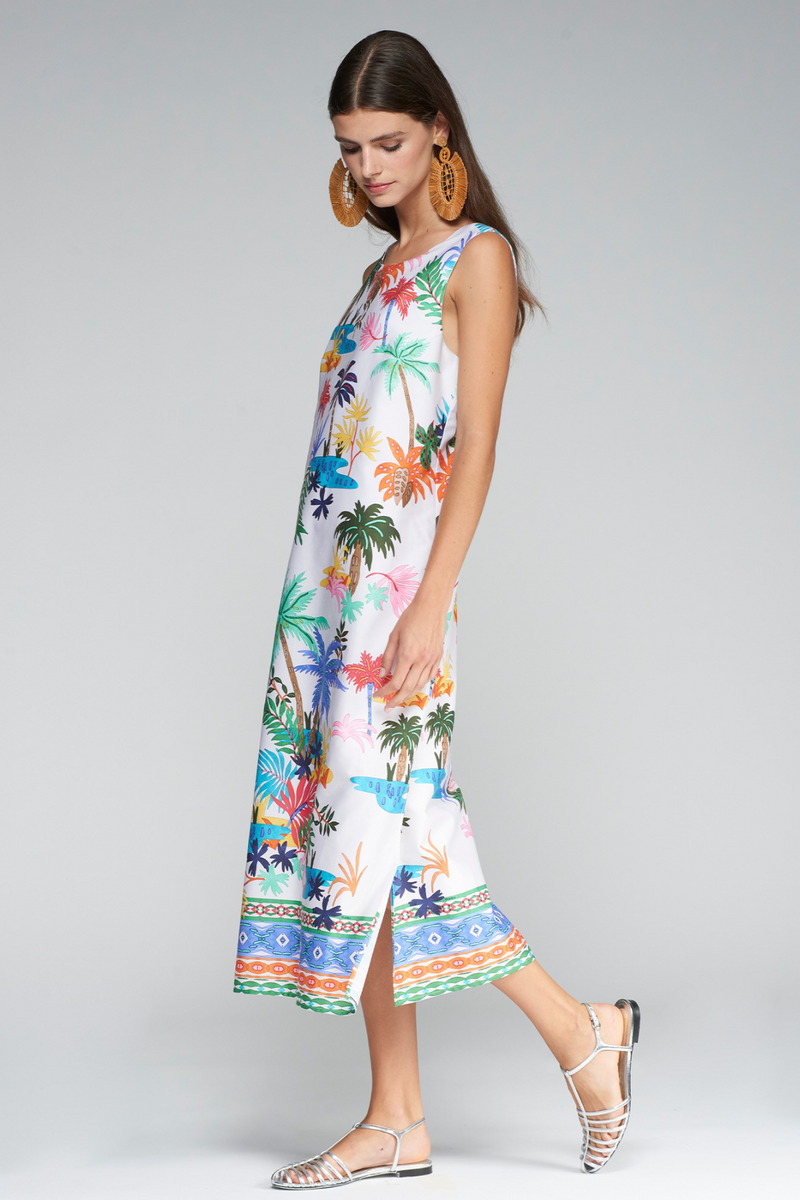 Light Gray Liana Dress in Colorful Palms Midi Dress