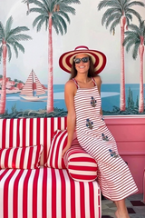 Light Gray Lilou Embroidered Dress in Red/White Stripe Maxi Dress