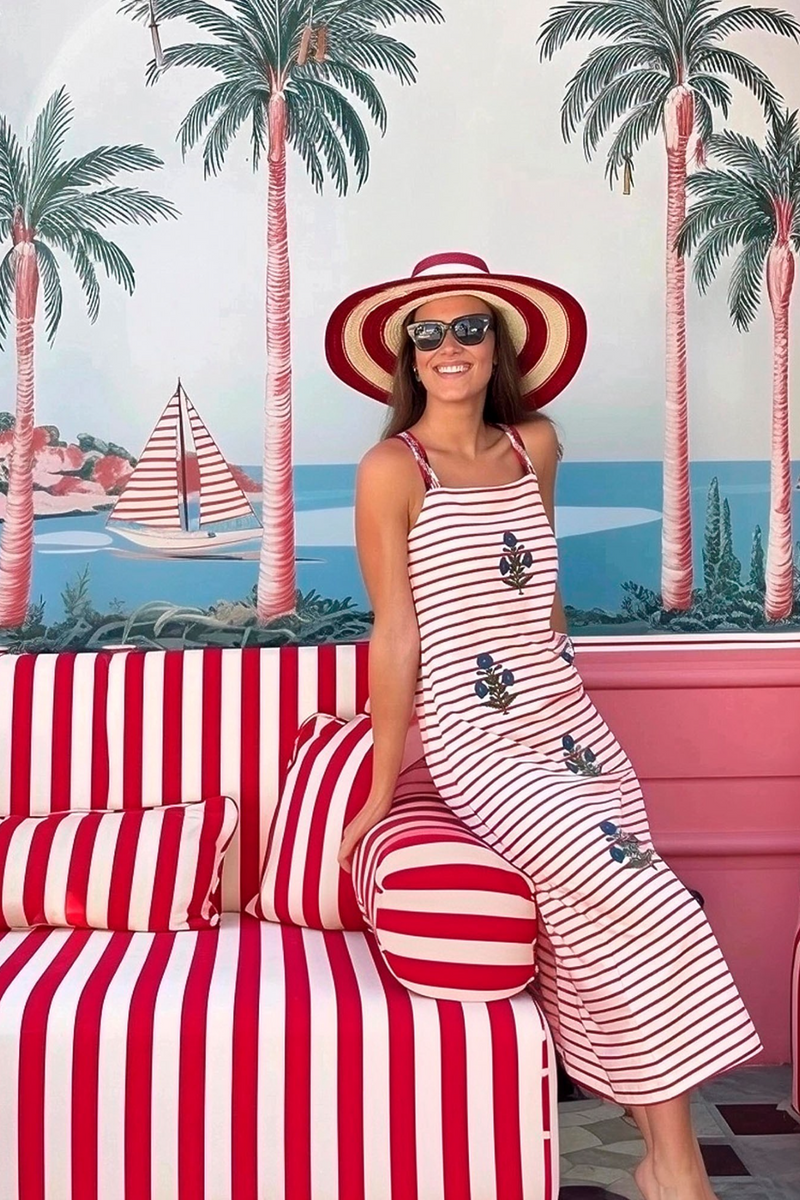 Light Gray Lilou Embroidered Dress in Red/White Stripe Maxi Dress