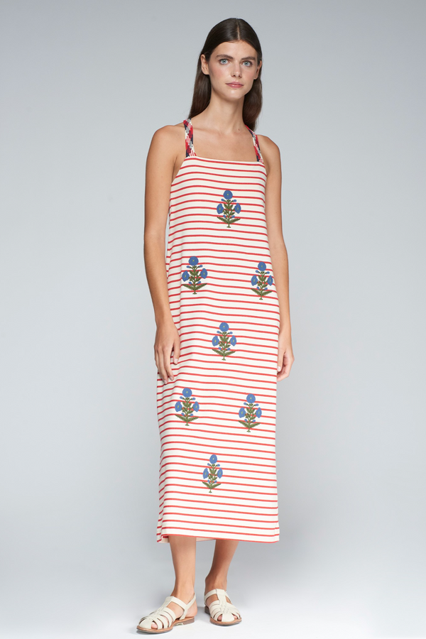 Light Gray Lilou Embroidered Dress in Red/White Stripe Maxi Dress