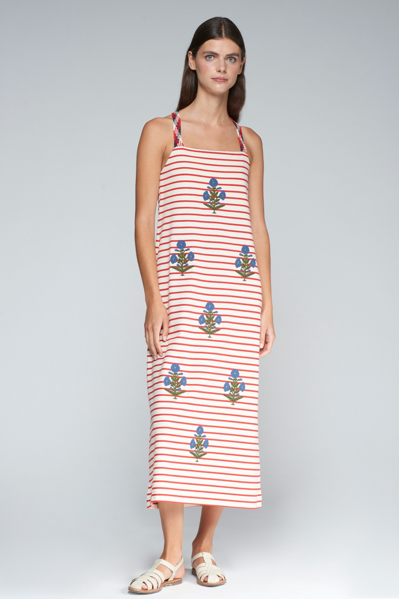 Light Gray Lilou Embroidered Dress in Red/White Stripe Maxi Dress