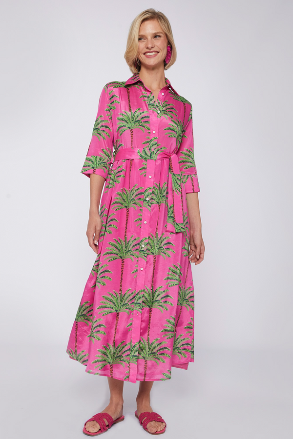 Light Gray Natalia Dress - Pink Palm Tree Midi Dress