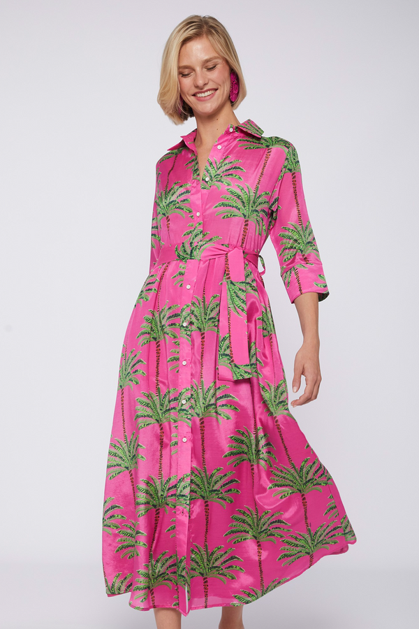 Light Gray Natalia Dress - Pink Palm Tree Midi Dress